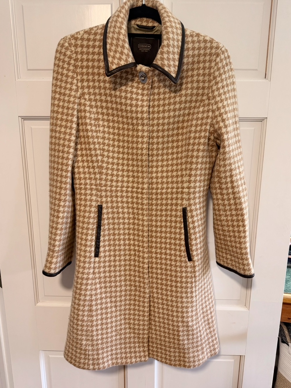 Coach Vintage Houndstooth Wool Leather Trench Coat Beige Cream Dark Trim Size M